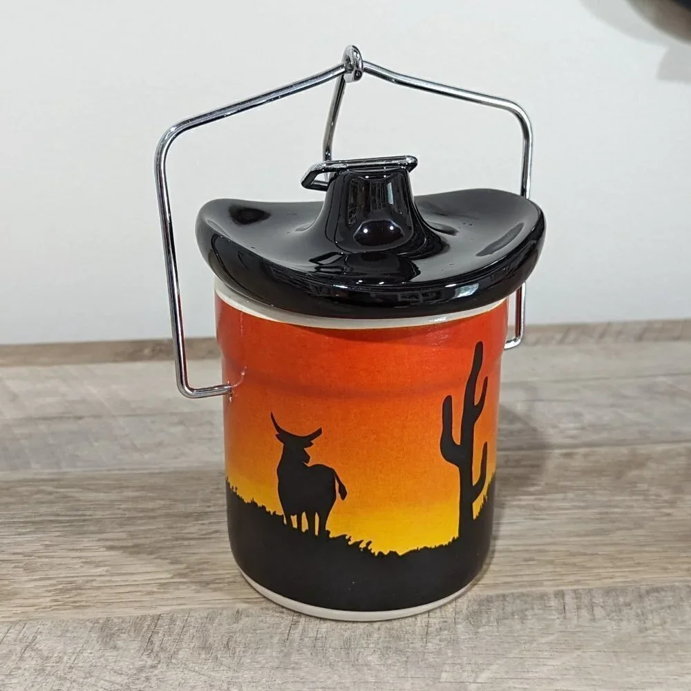 Southwestern ceramic cowboy hat desert sunset canister